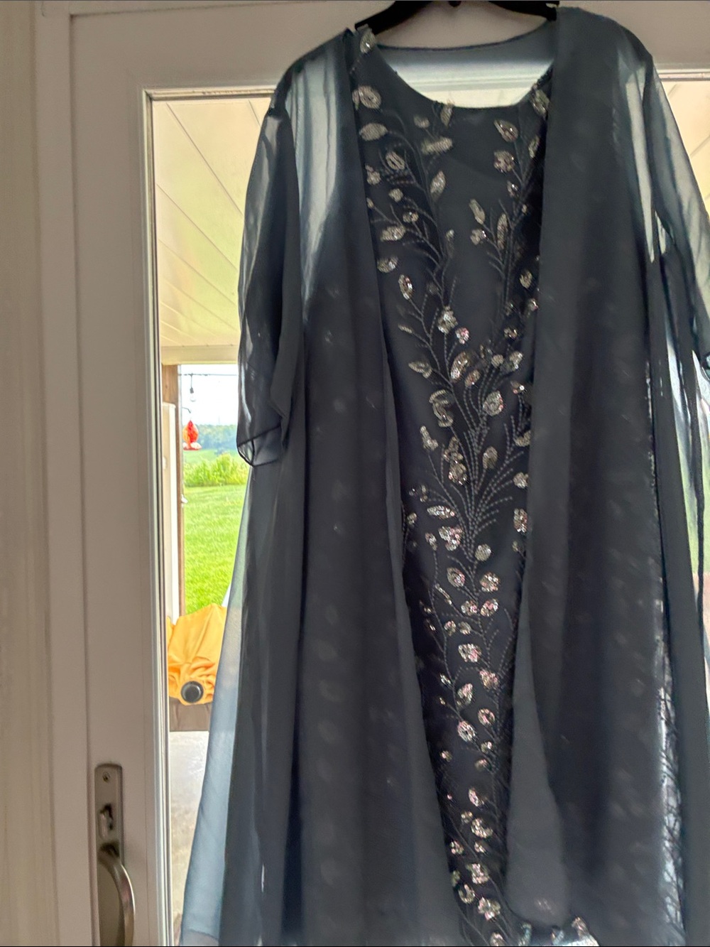 Embroidered Sheer Overlay Evening Dress - Steel Blue